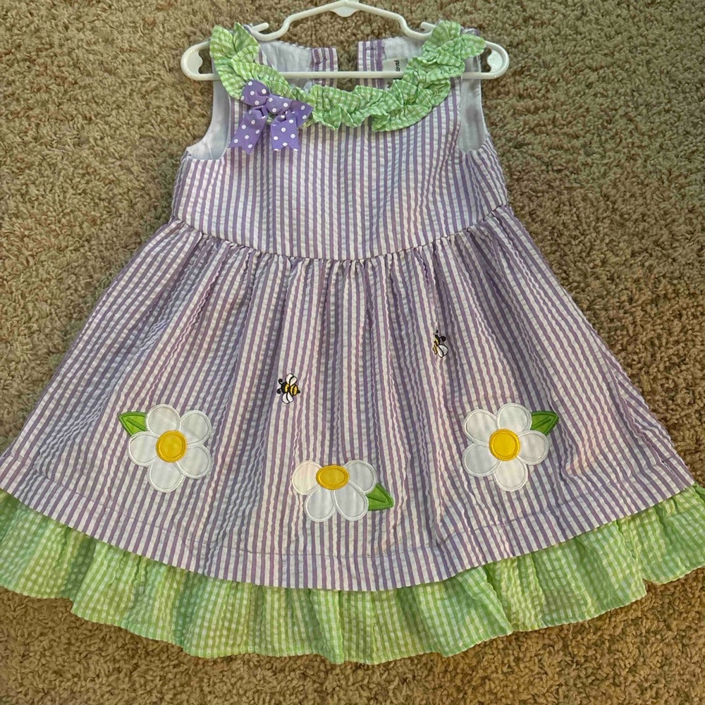 Rare Editions Striped Purple and Green Kids Dress with Floral Accents